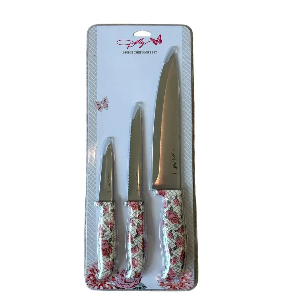 New Dolly Parton 3-Piece Chef Knife Set w/ Floral Rose Handle